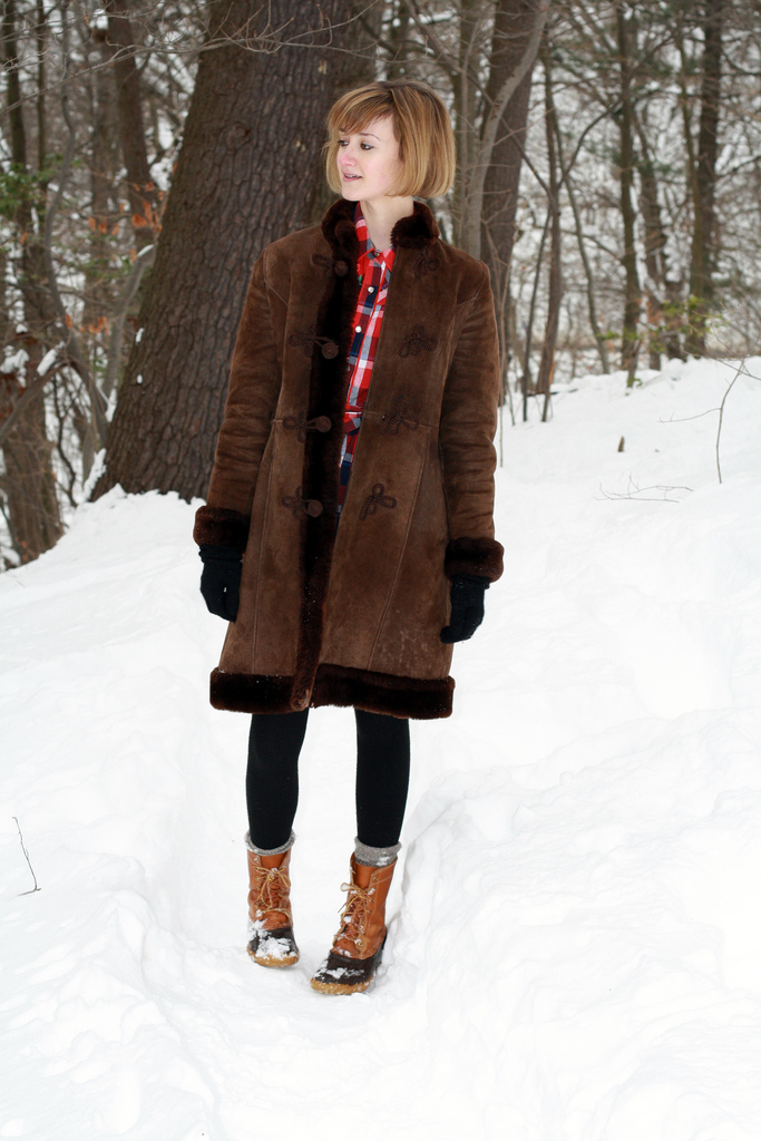 vintage shearling coat and LL Bean duck boots