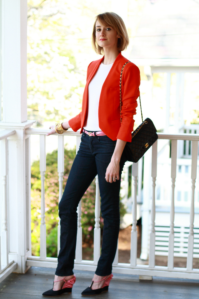Zara orange blazer and jeans