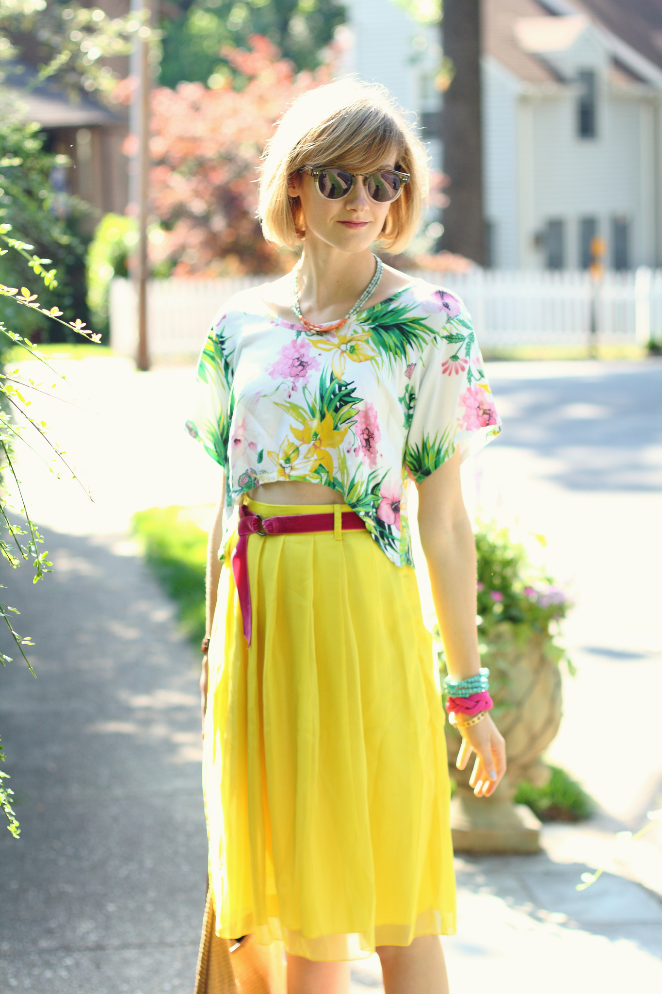 tropical top and yellow skirt