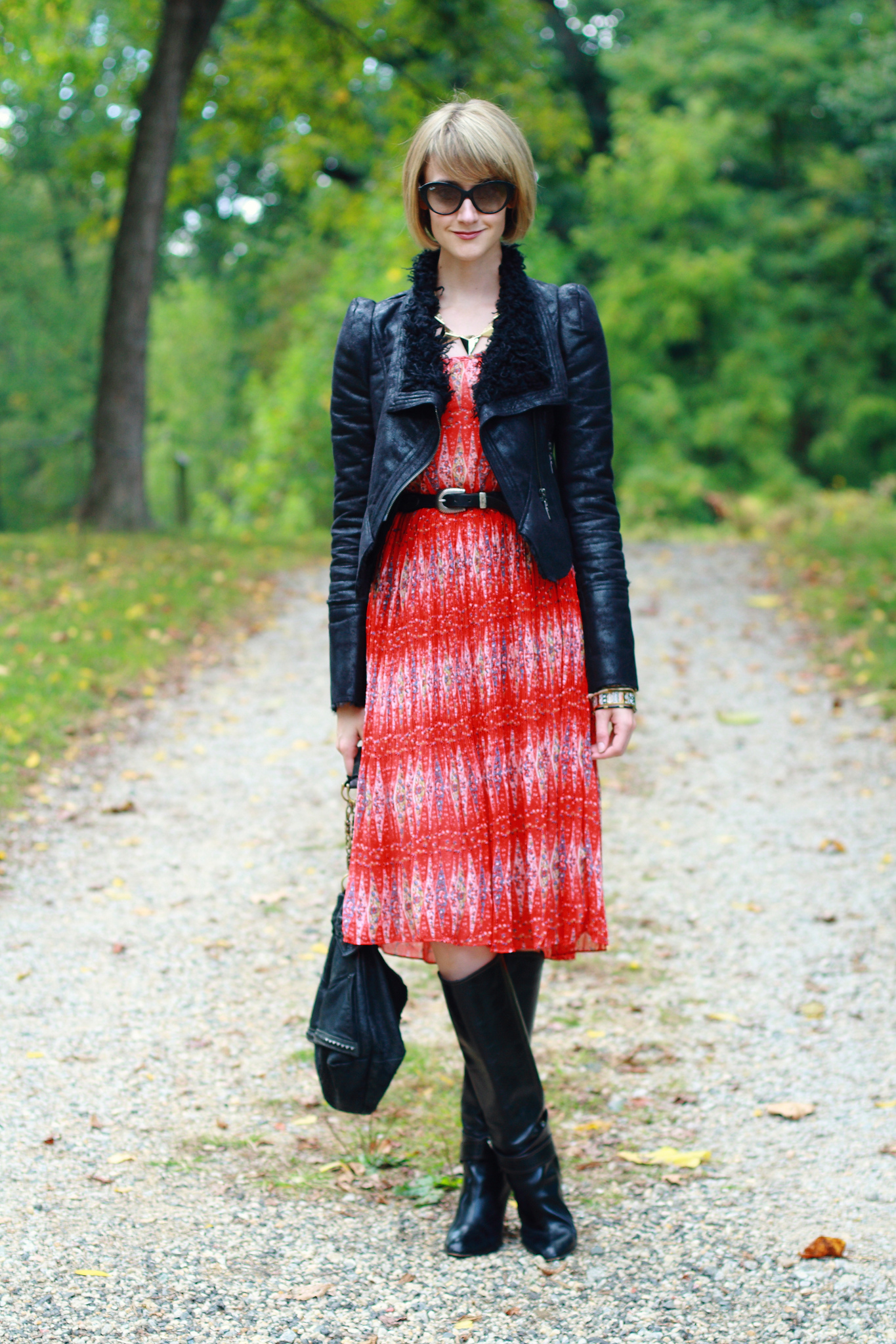 Romwe leather jacket and red dress