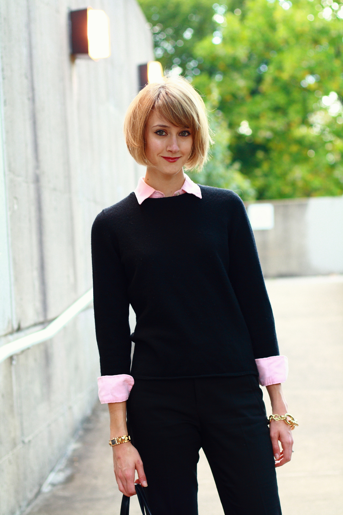 pink and black work outfit