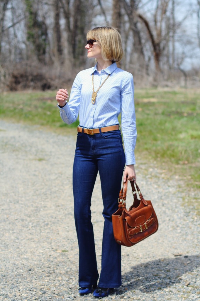button-down and high-waisted jeans