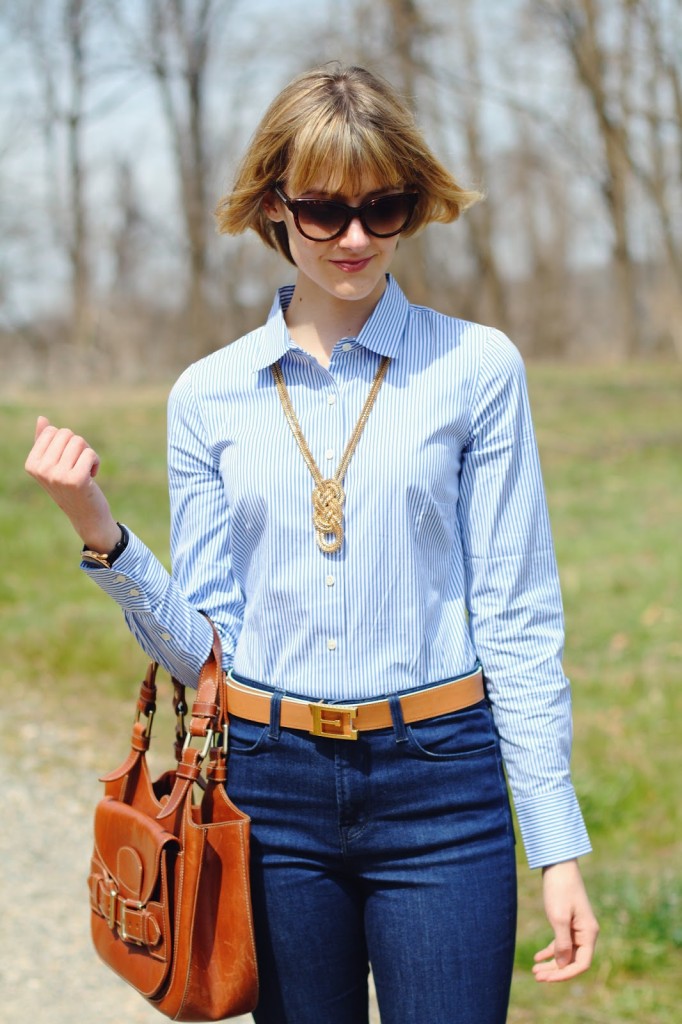 button-down and high-waisted jeans