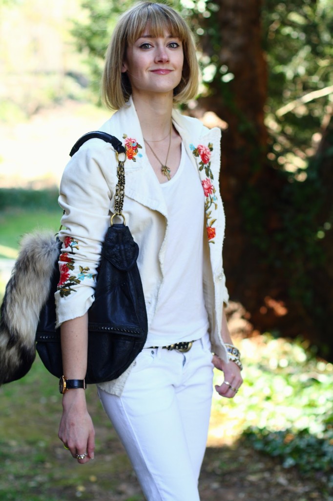 embroidered blazer and white jeans