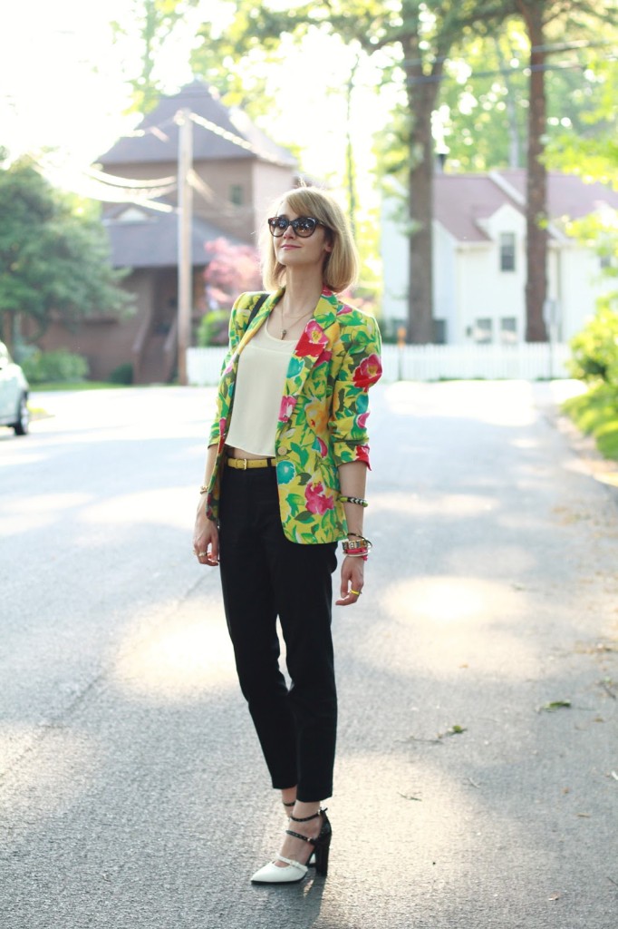 floral blazer and two-tone shoes