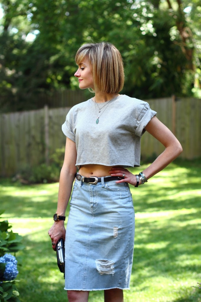 crop top, turquoise jewelry, and distressed denim skirt