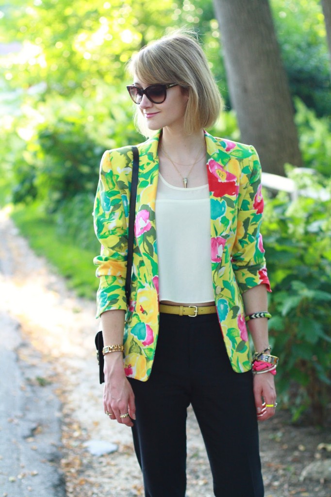 floral blazer and layered jewelry