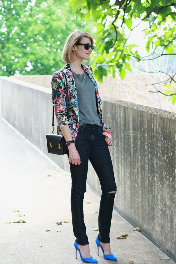 floral blazer and distressed jeans