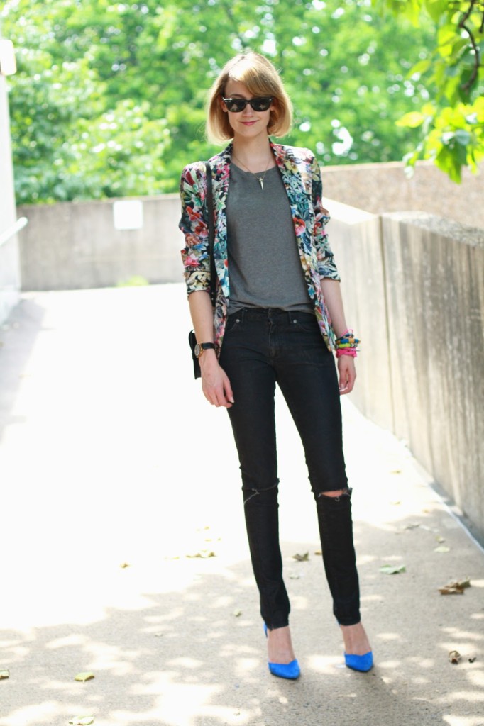 floral blazer and distressed jeans