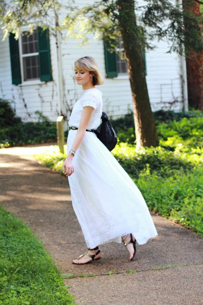 white vintage dress and black flat sandals