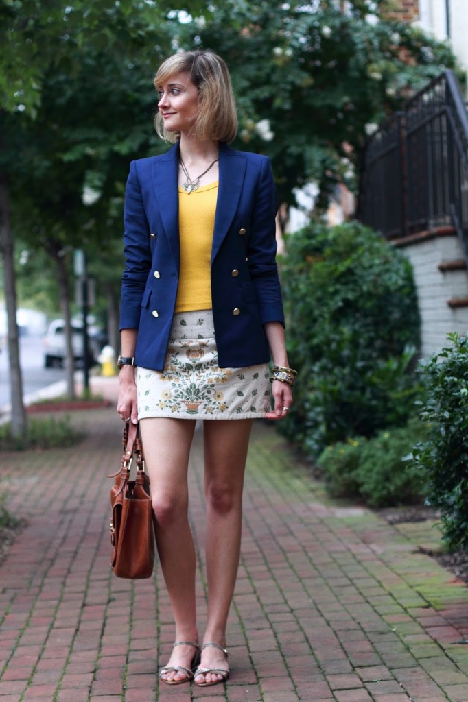 navy blue blazer and embroidered skirt