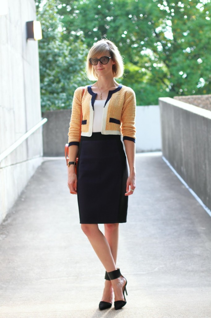 orange and navy work outfit