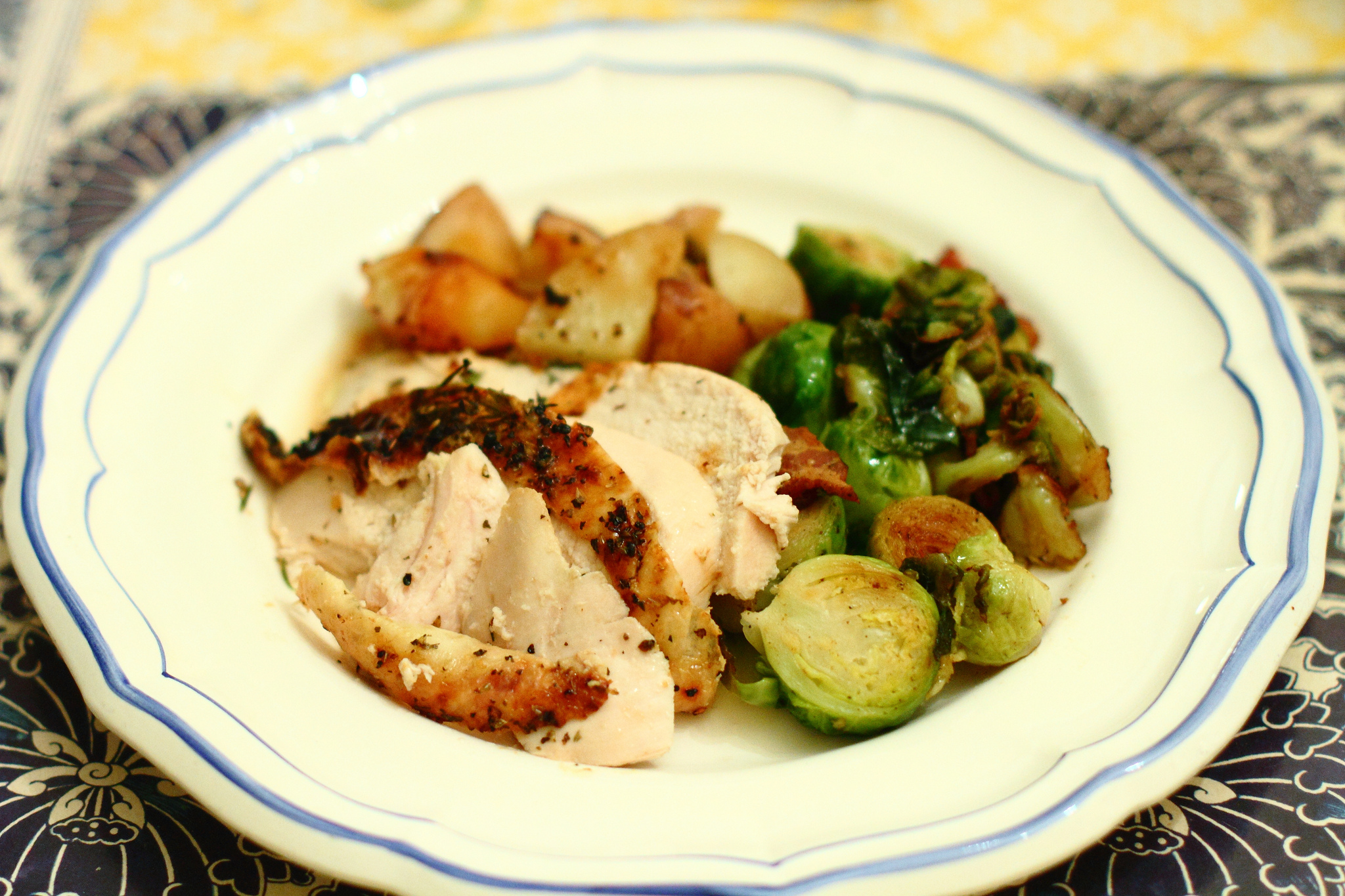 Roast Chicken and Potatoes with Brussels Sprouts and Bacon