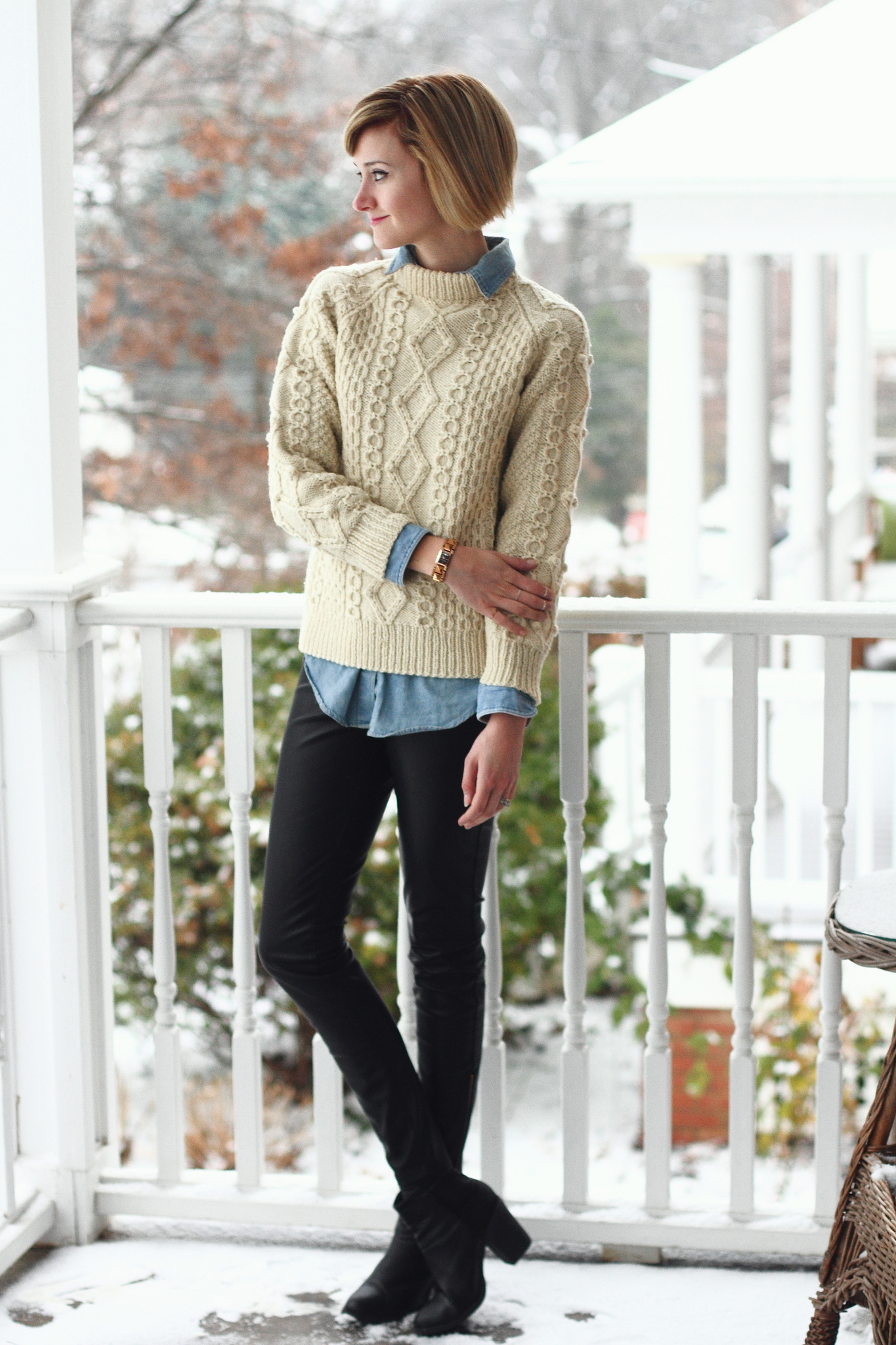 fisherman's knit, denim shirt, and leather pants