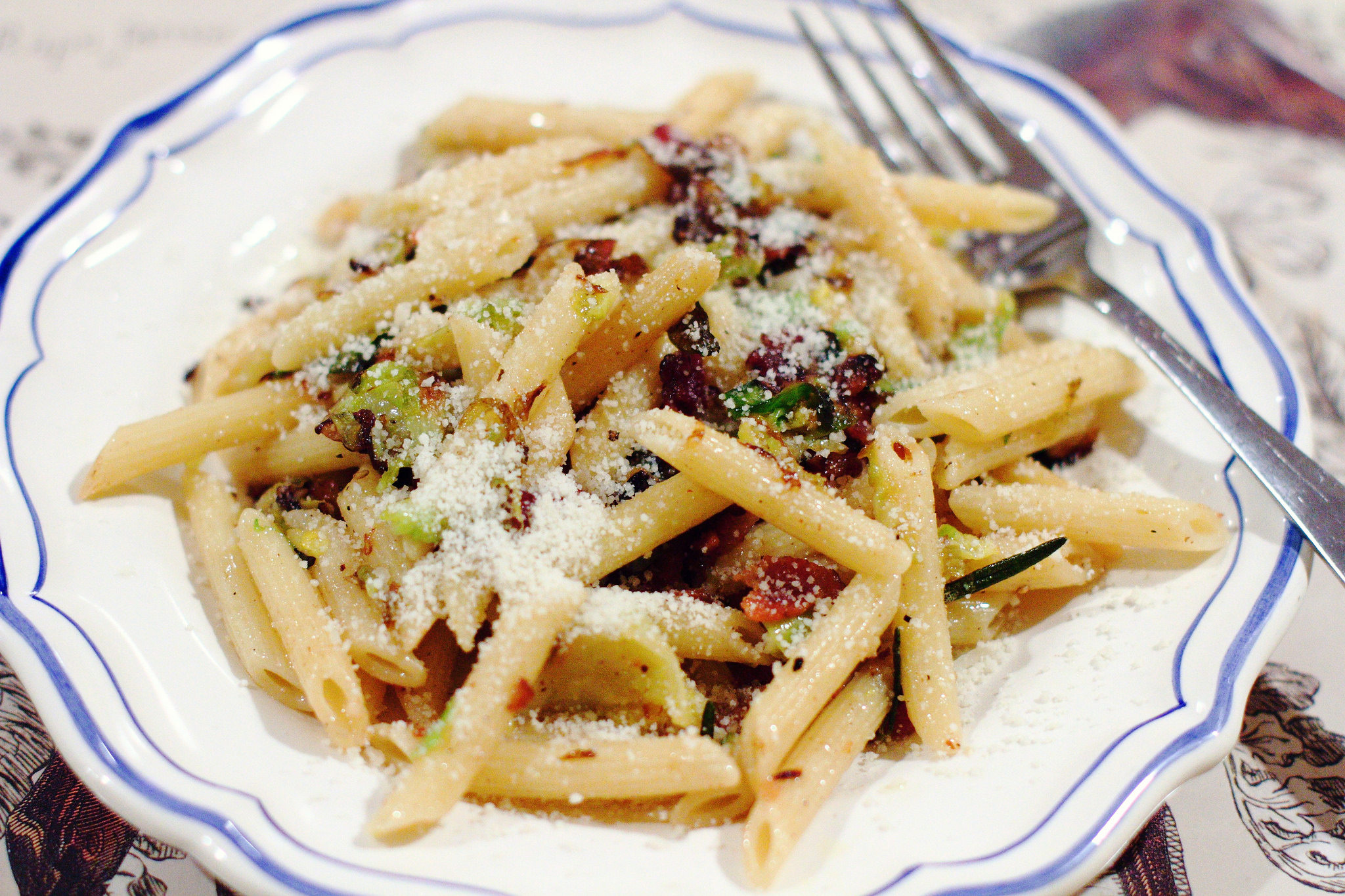Penne with Brussels Sprouts, Chile and Pancetta
