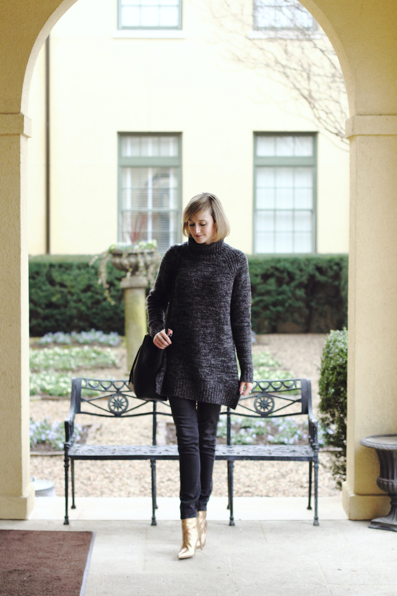 gray oversized sweater, DL1961 skinny jeans and gold ankle boots