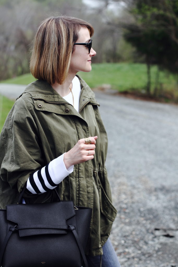 Topshop anorak, striped sweater and Celine bag