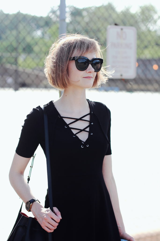H&M lace-up dress and Quay sunglasses