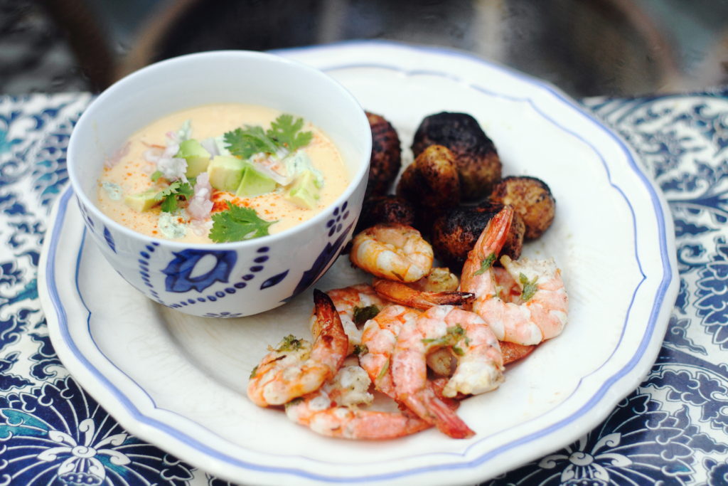 Esquites and Yellow Tomato Gazpacho with Grilled Shrimp and Spicy Potatoes