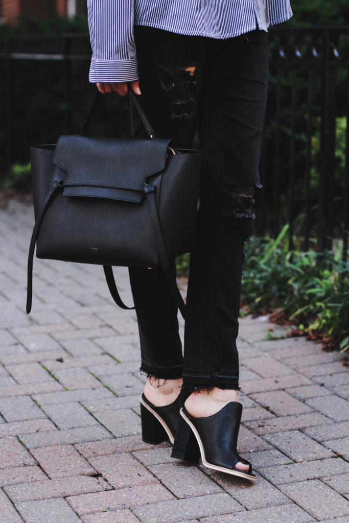 distressed jeans, Celine bag, and mules