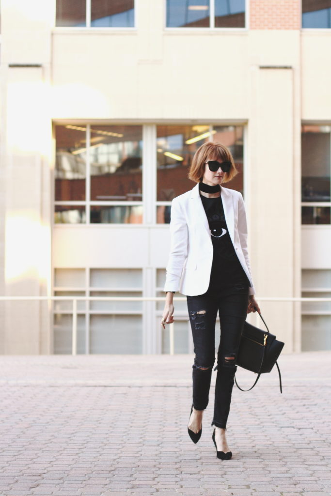 Kenzo t-shirt, white blazer and black denim