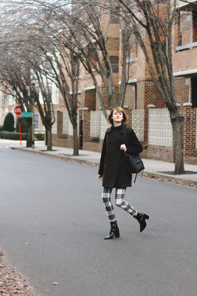 two-tone coat, plaid skinny pants, & ankle boots