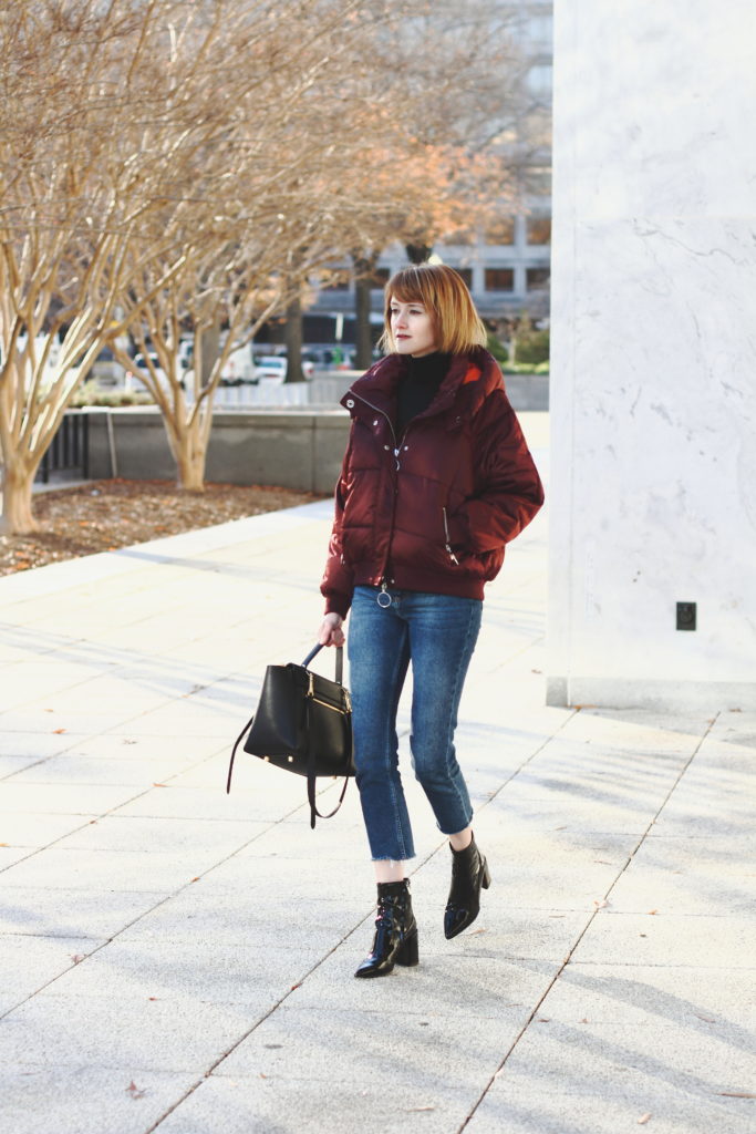 puffer, cropped denim & patent boots