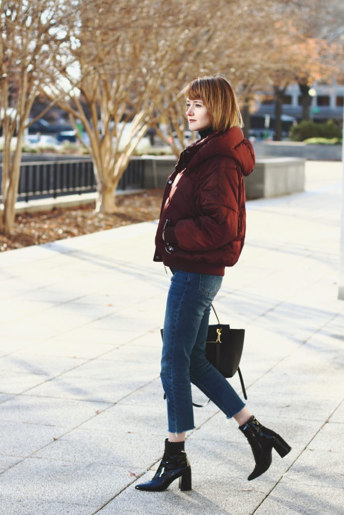 puffer, cropped denim & patent boots