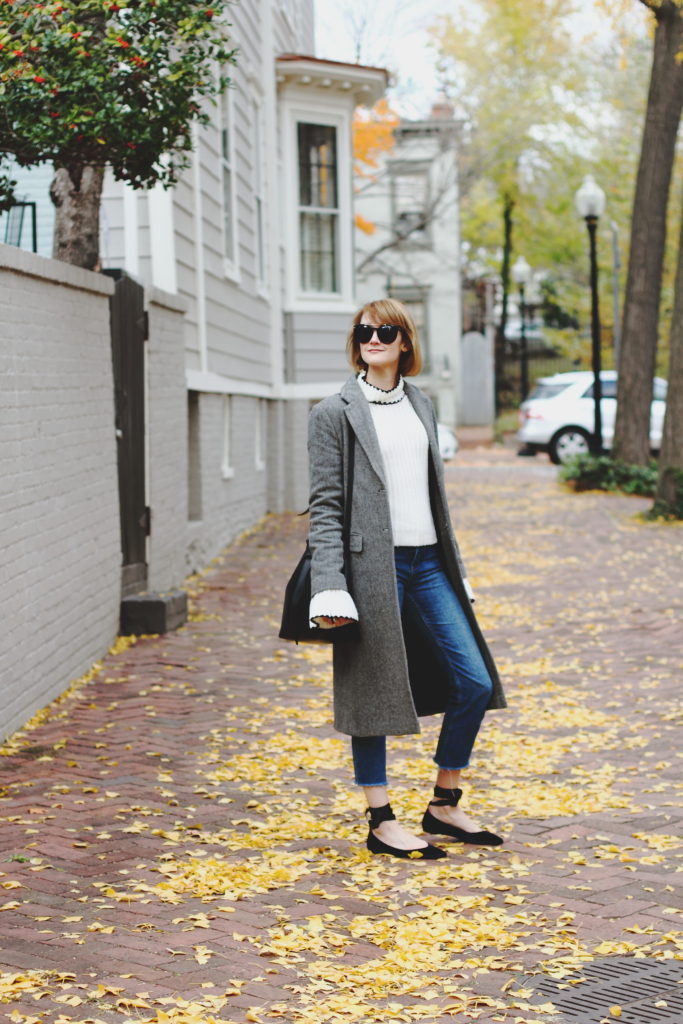 long gray coat and bell sleeve sweater