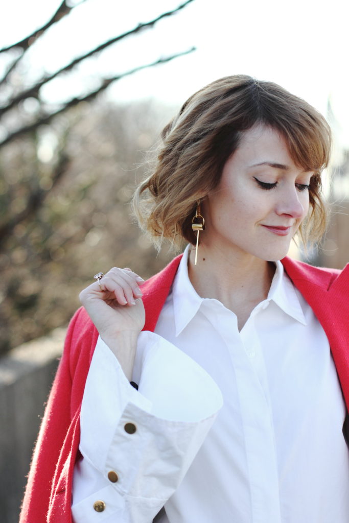 bell sleeve button-down and red blazer