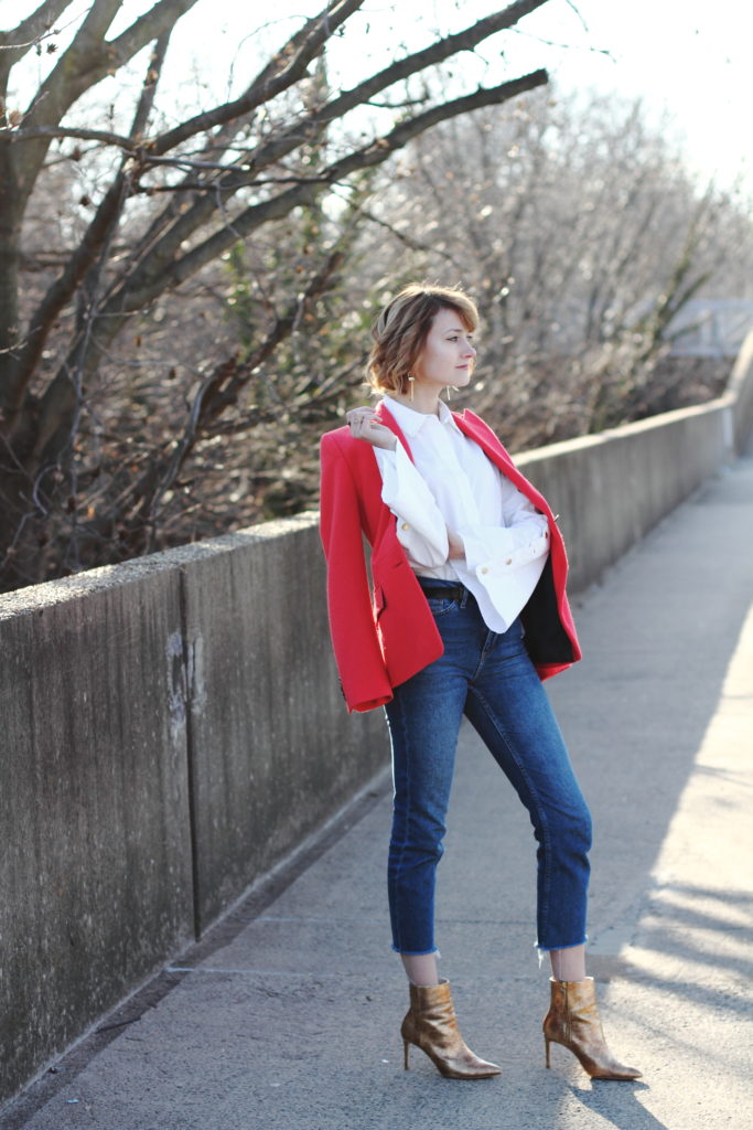 bell sleeve button-down, red blazer and cropped denim