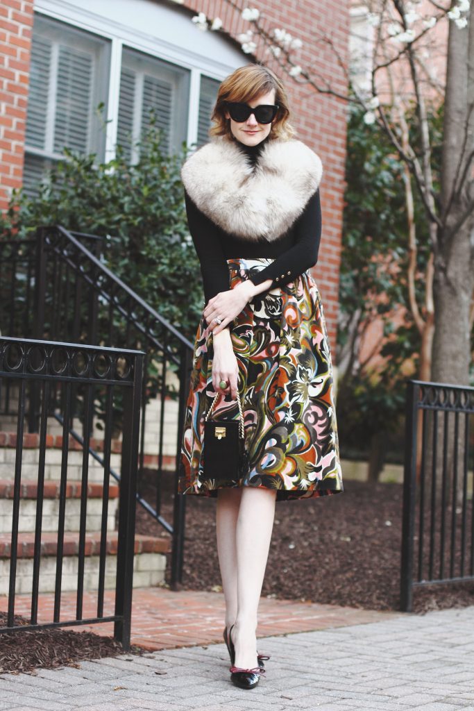 vintage stole, Zara turtleneck, vintage skirt and Prada pumps