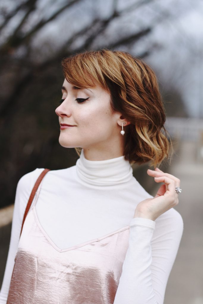 Kristen Perry earrings, turtleneck and slipdress