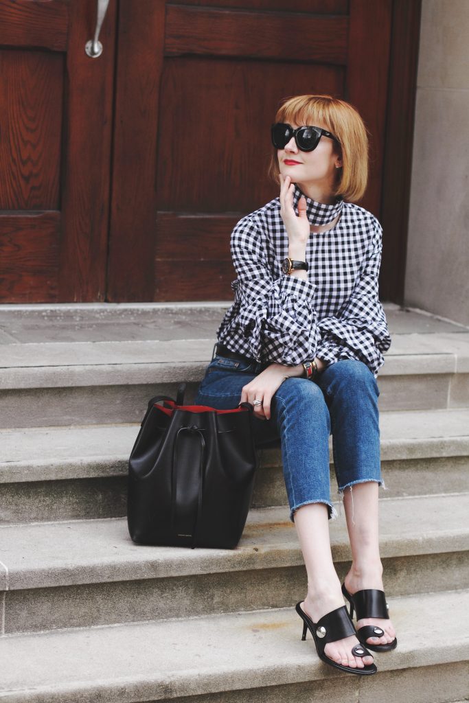 gingham top, cropped jeans, and Zara sandals