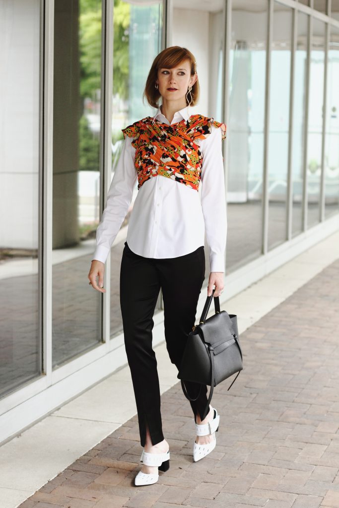 Mango bustier top, button-down, and satin slit pants