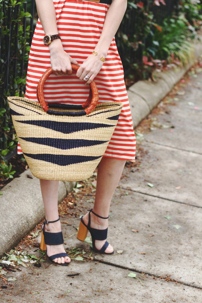 Current Boutique striped dress, basket bag, and Tabitha Simmons sandals