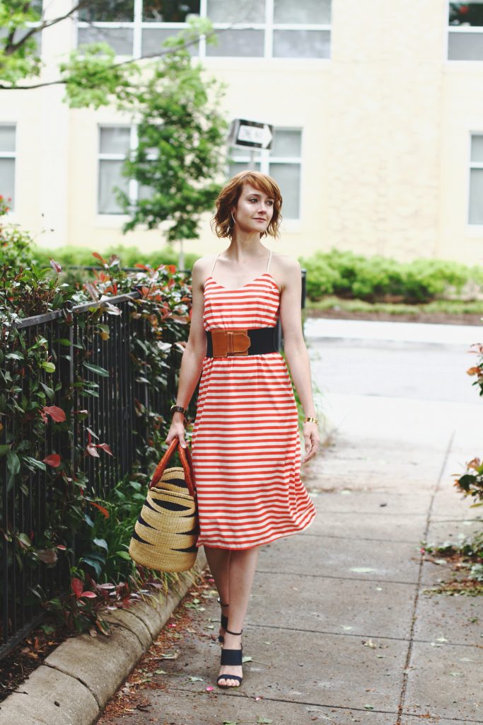 Current Boutique striped dress and Tabitha Simmons sandals