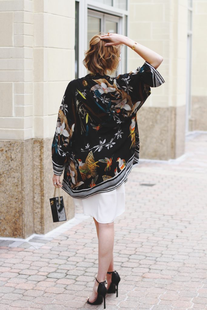 kimono jacket and white slip dress
