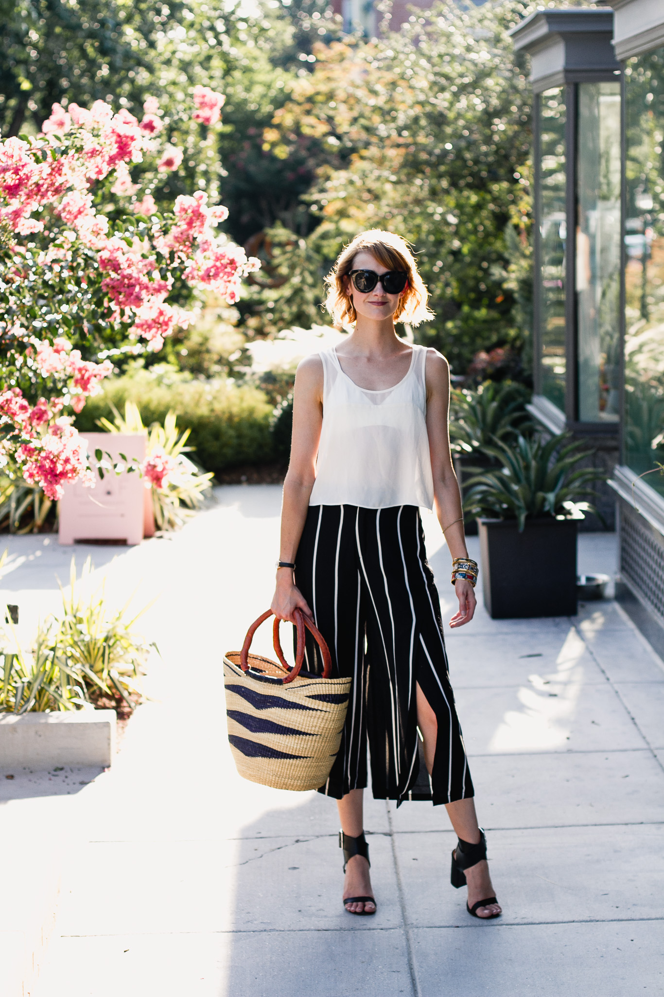 sheer crop top and Mango striped culottes