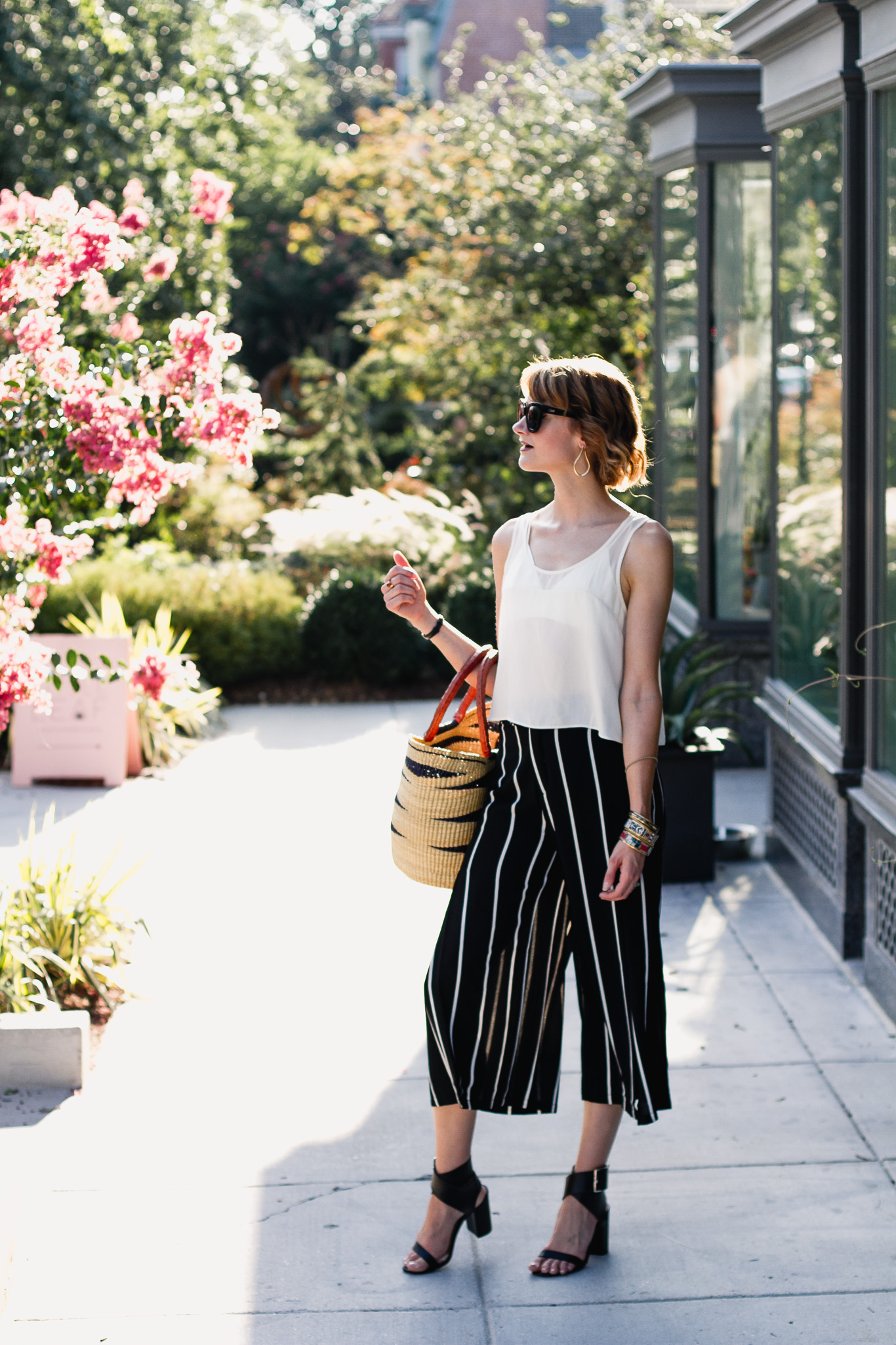 sheer crop top and Mango striped culottes