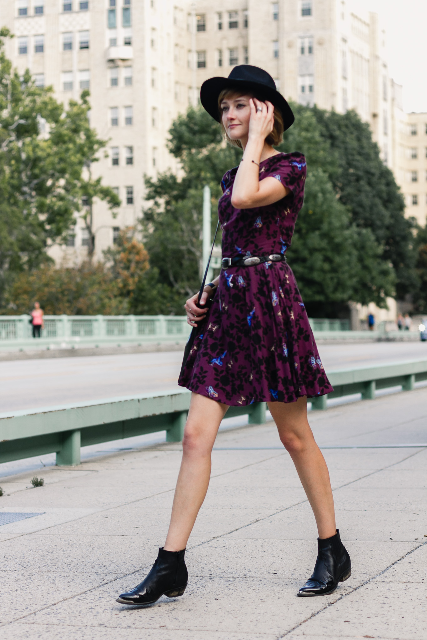 fedora, Oasis dress, and Topshop ankle boots