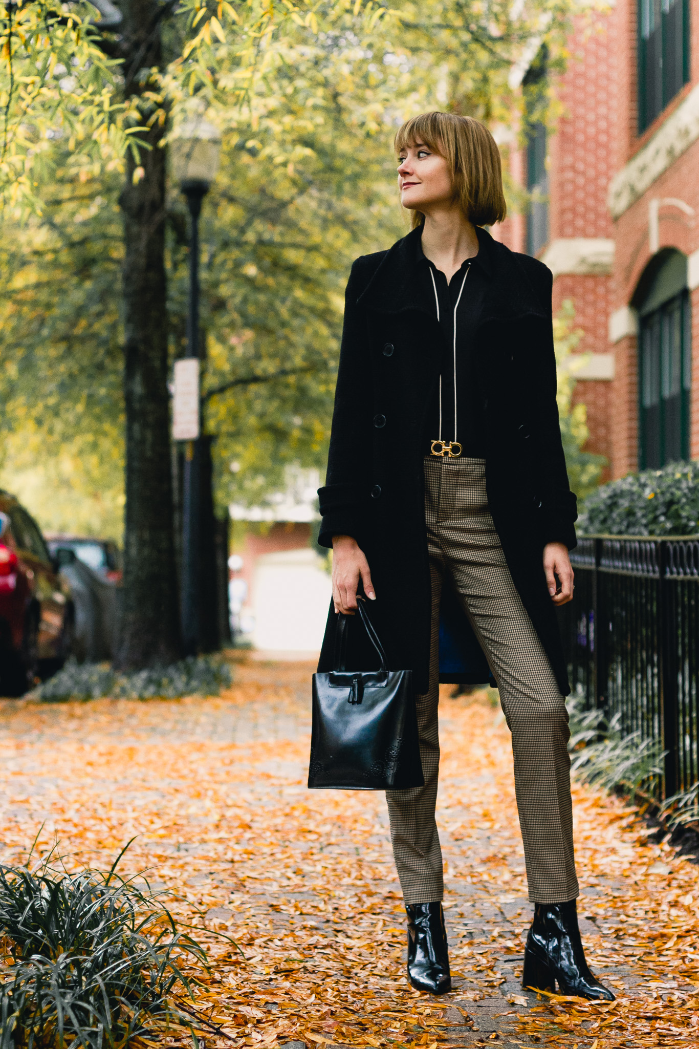Marc New York coat, Zara plaid pants, and Mango boots