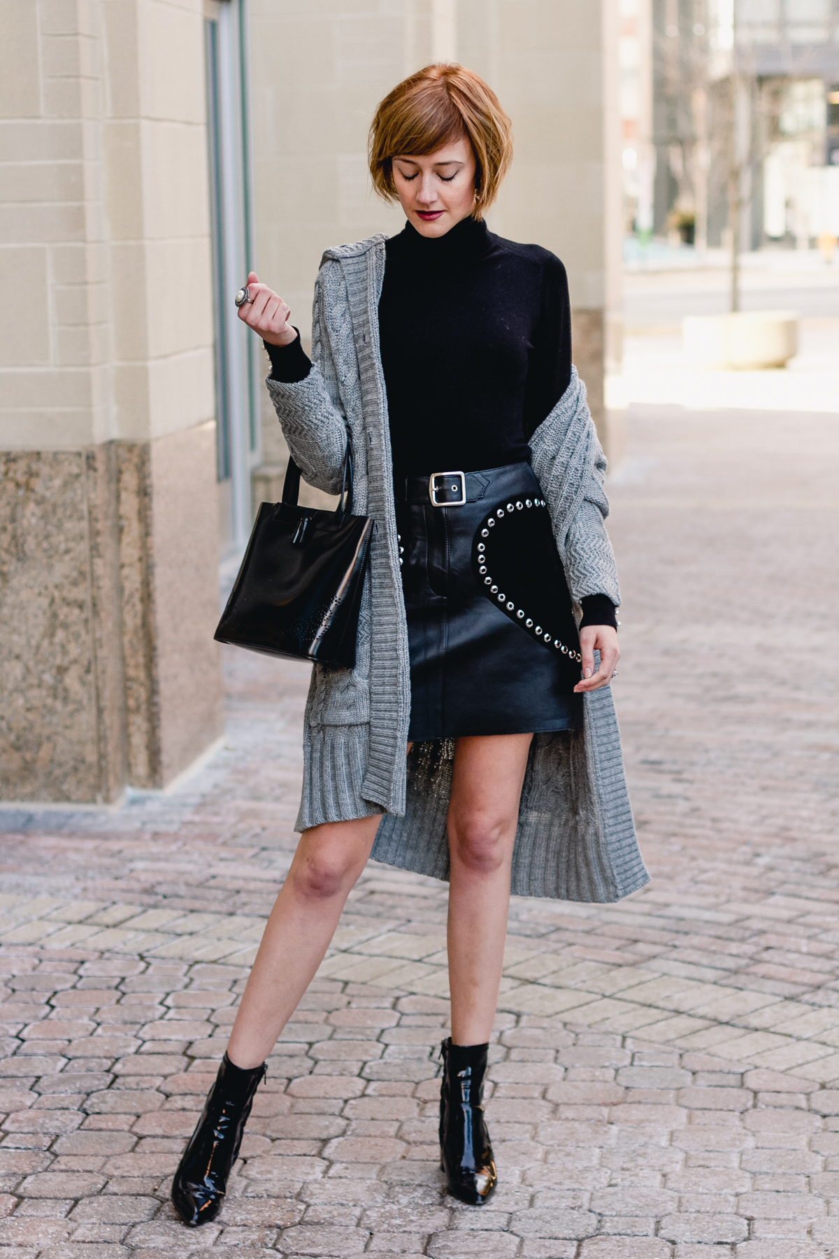 Woolovers cardigan and Maje leather skirt