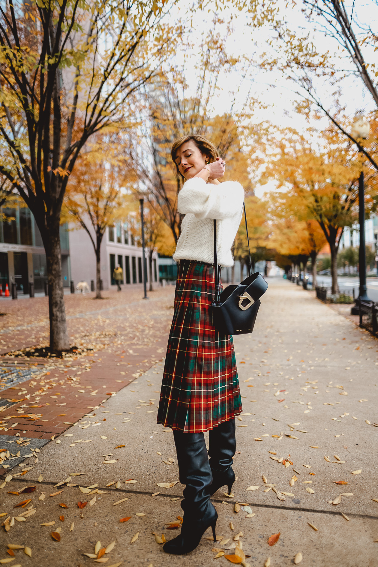 & Other Stories sweater and tartan skirt