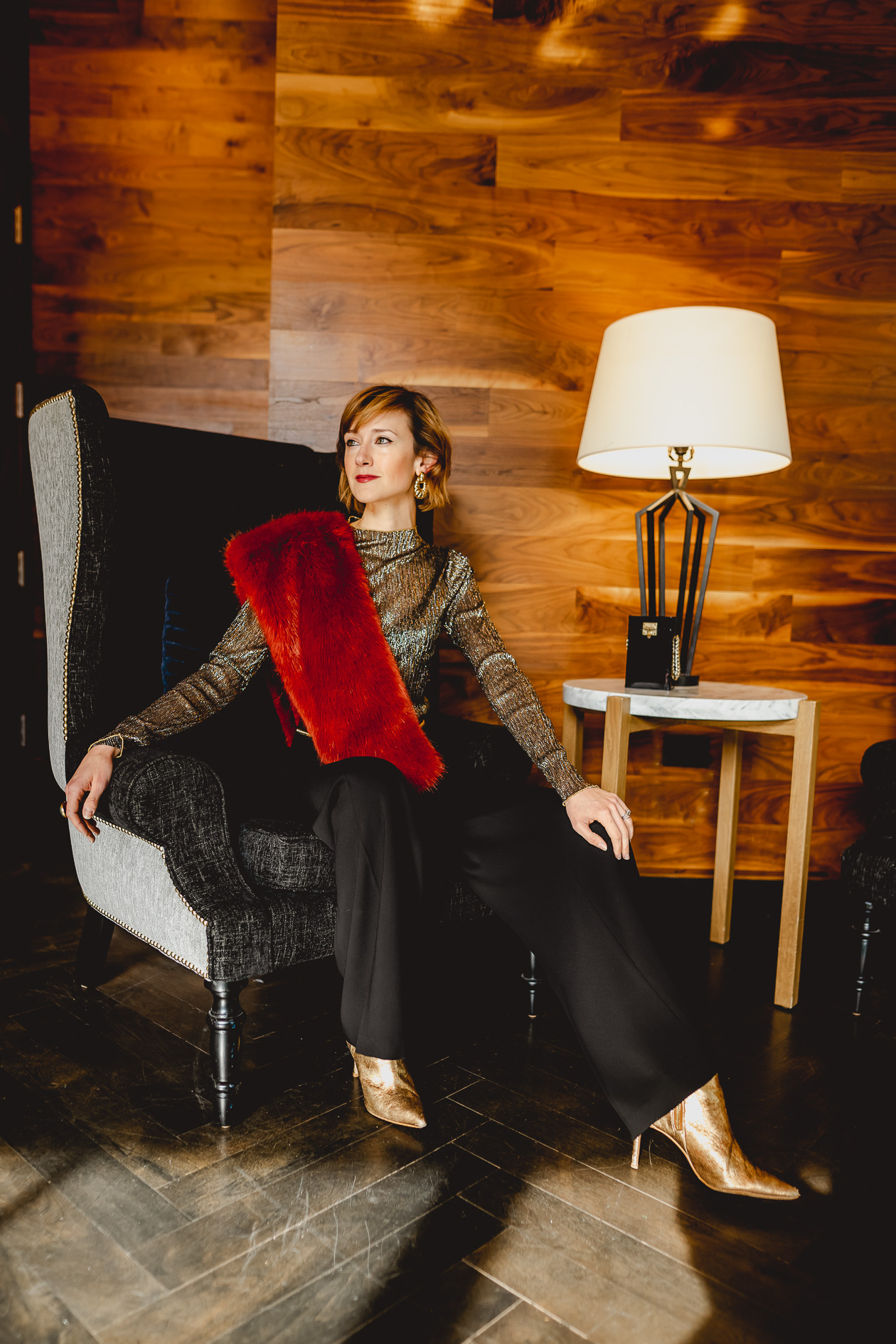Anne Fontaine pants and faux fur stole