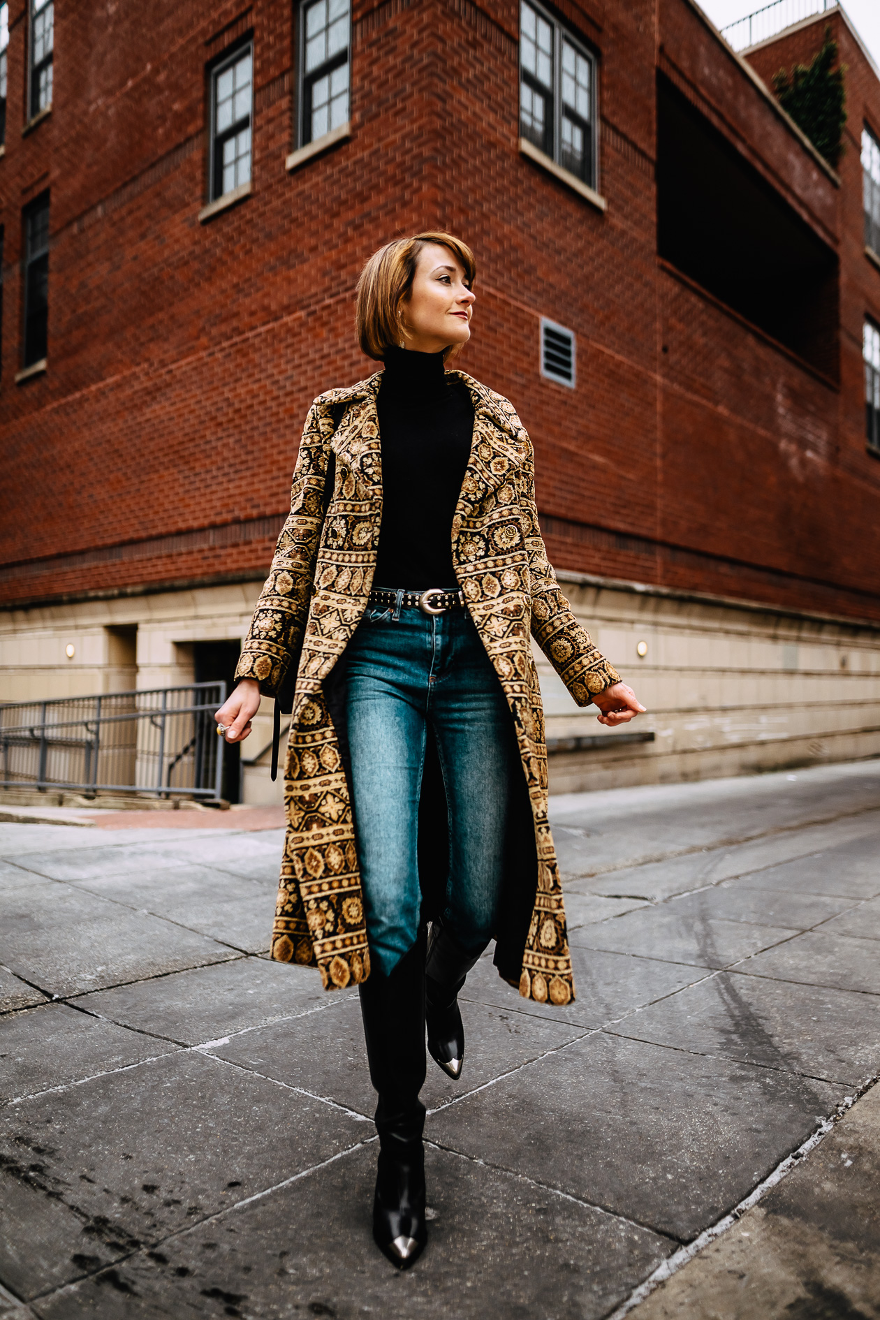 vintage tapestry coat and Isabel Marant boots