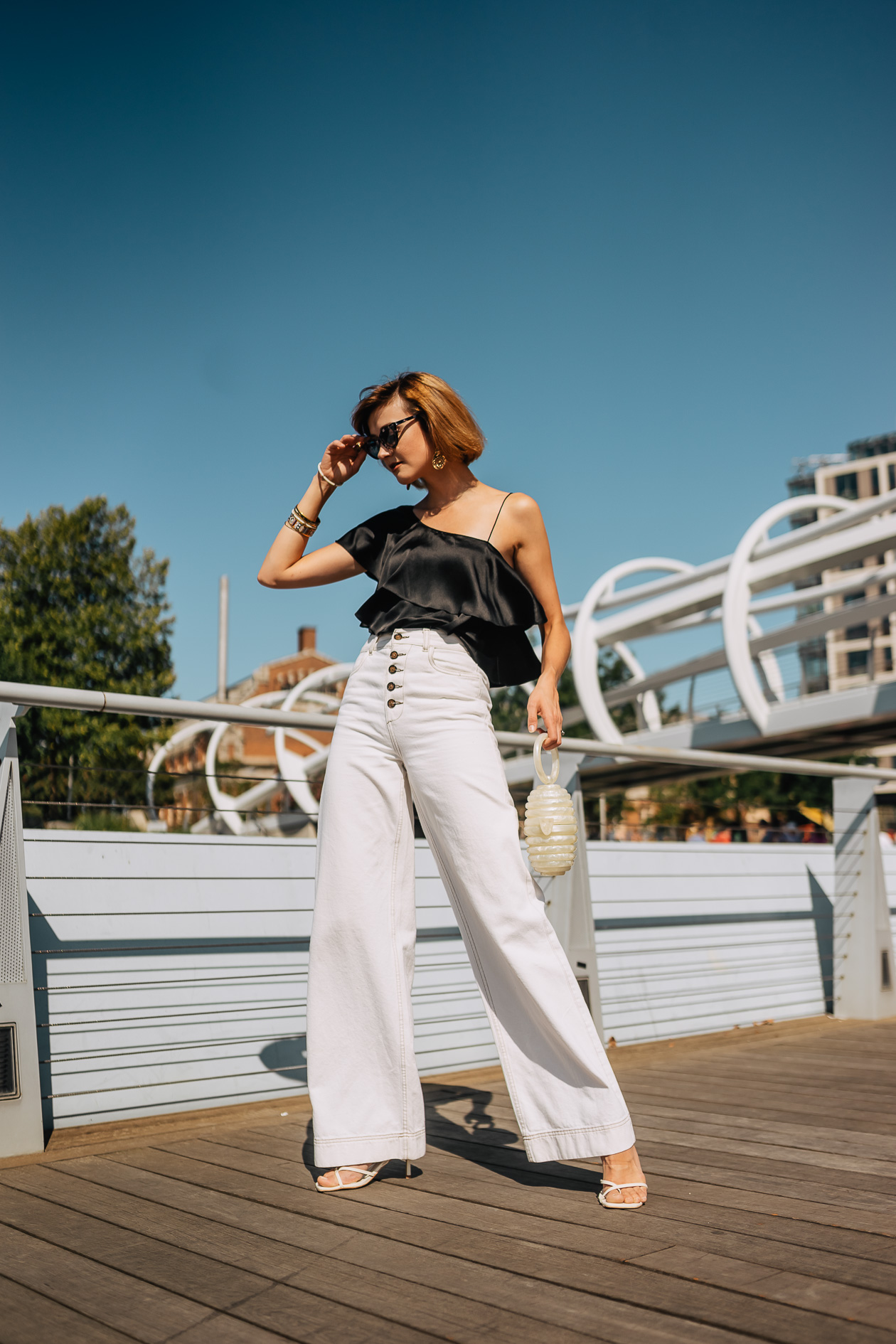thrifted satin top & white wide-legged pants