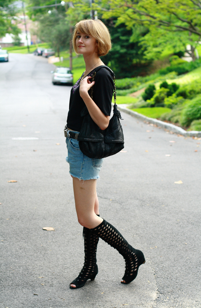 Betsey Johnson crop top and denim shorts