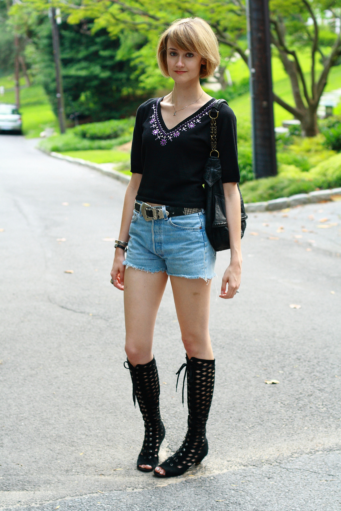 Betsey Johnson crop top and denim shorts