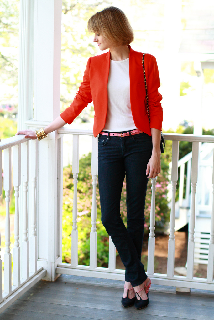 Zara orange blazer and jeans